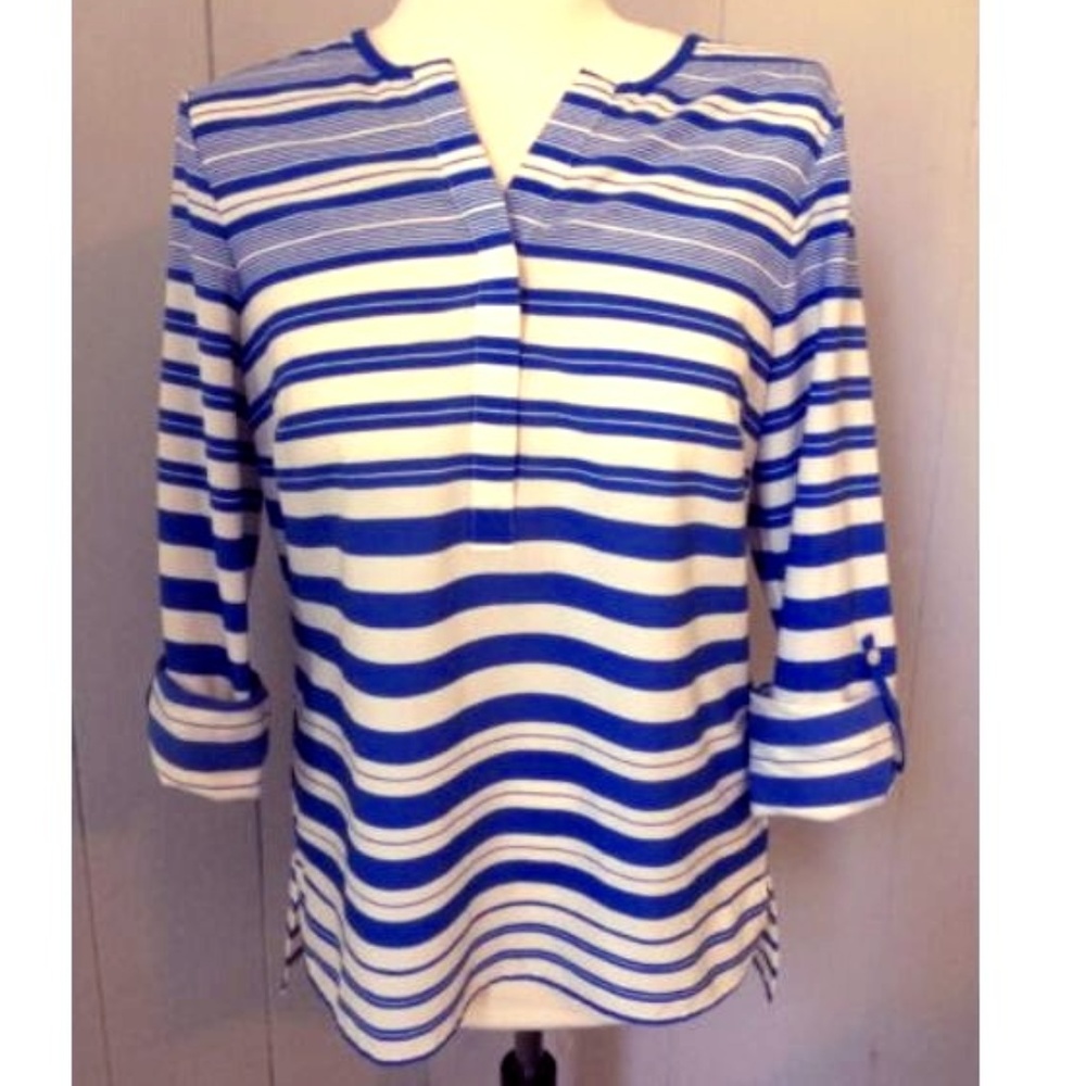 Talbots XS Stripe Top Tunic Roll Tab Polyester